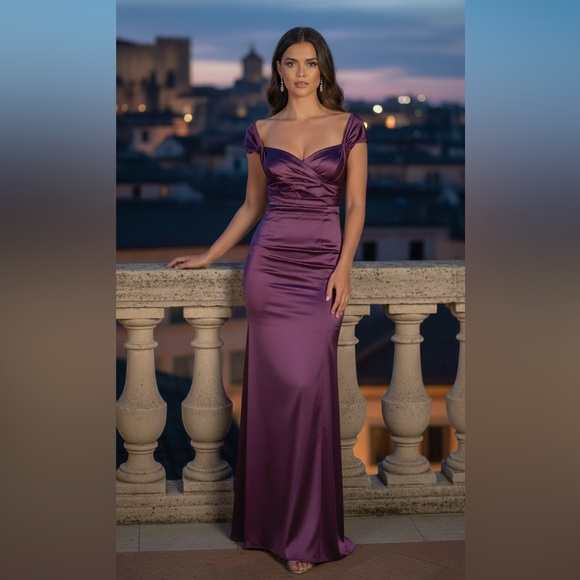 Talbot Runhof 6 36 Elegant Satin Evening‎ Gown Off-the-Shoulder Maxi Dress